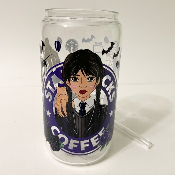 Custom Wednesday Addams Clear Glass Tumbler with Lid and Straw - Picture 8 of 15